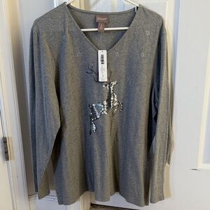 Chico's Silver Sequin Reindeer Long Sleeve Top
